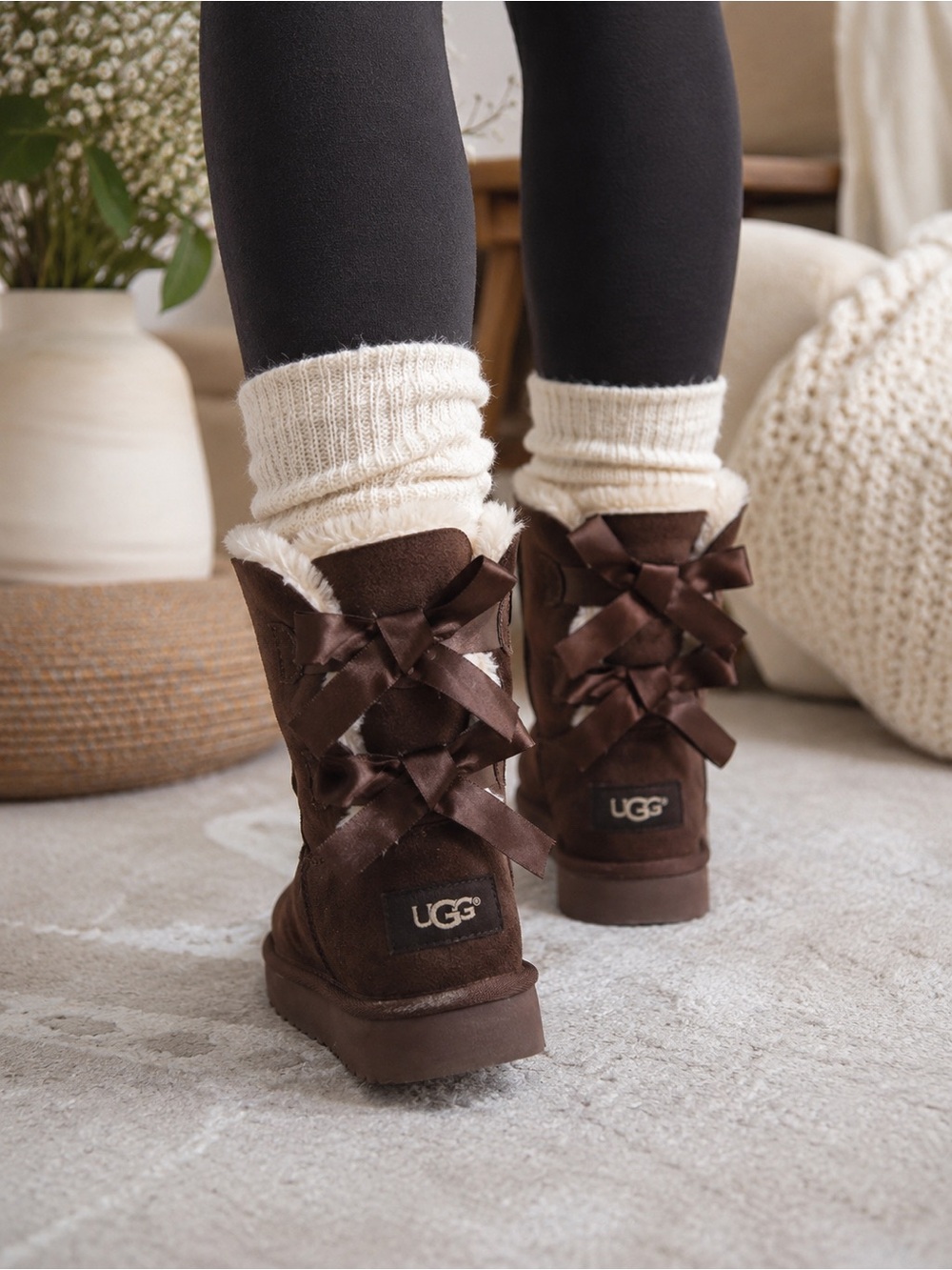 UGG Chestnut Brown Shearling-Lined Ribbon Back Winter Boots
